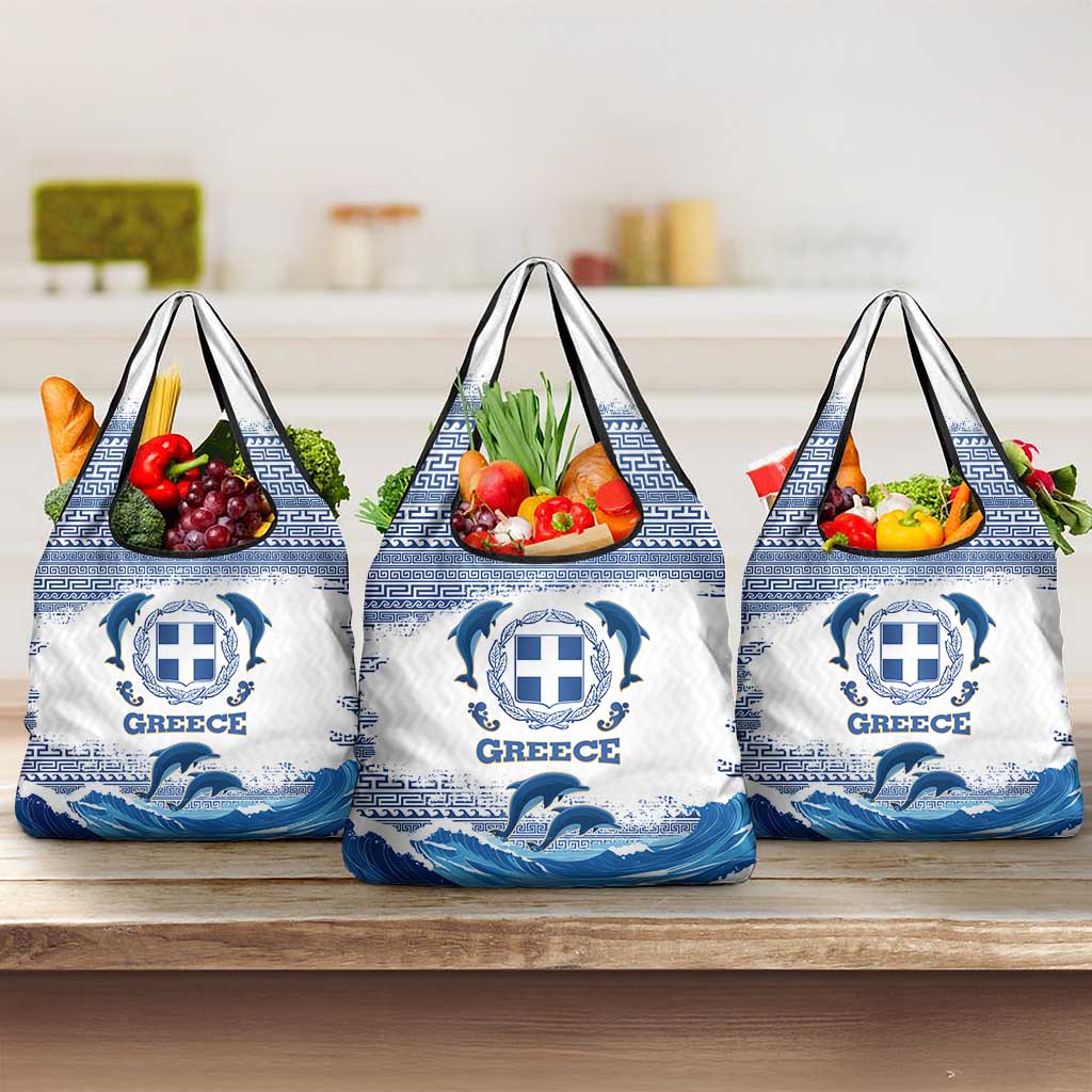Greece Dolphin Grocery Bag with Greek Key Pattern and Ocean Wave Design