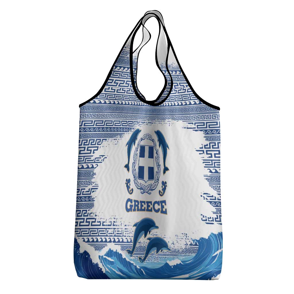 Greece Dolphin Grocery Bag with Greek Key Pattern and Ocean Wave Design