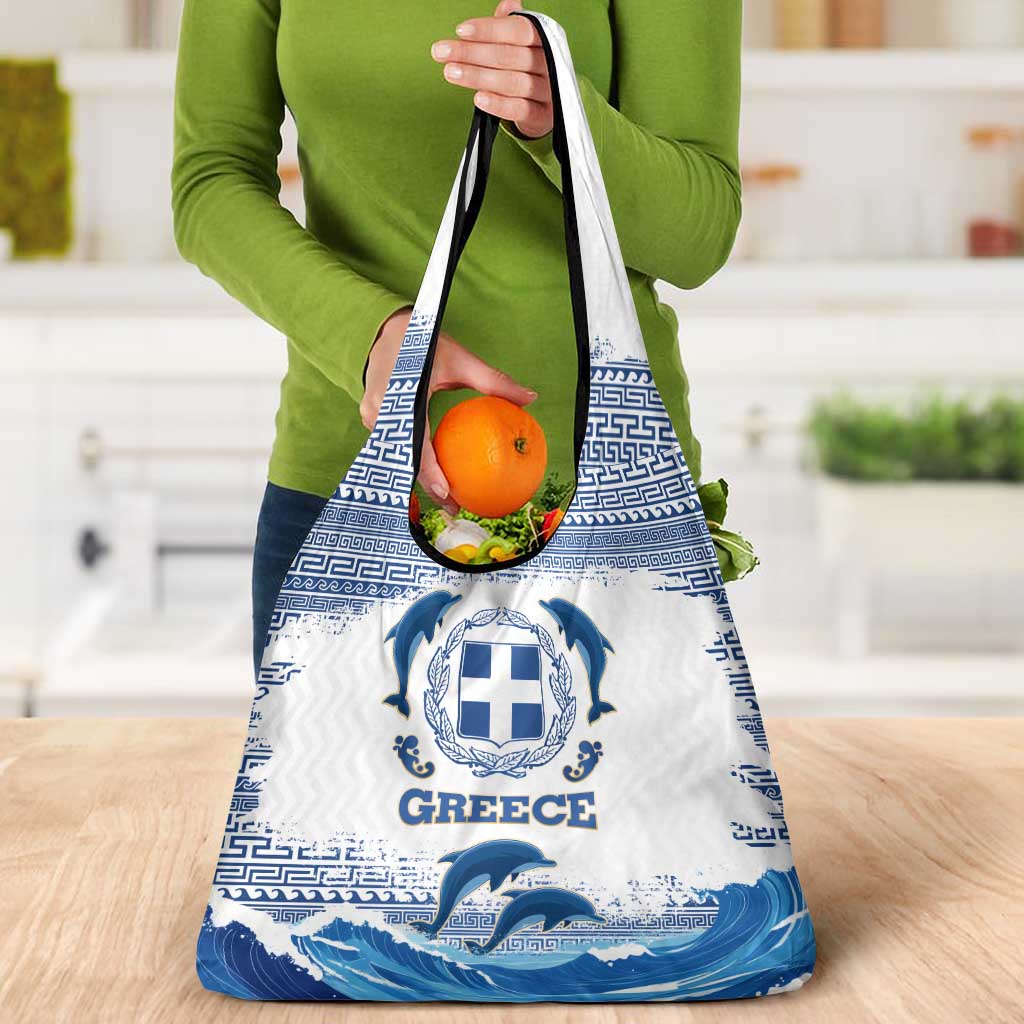 Greece Dolphin Grocery Bag with Greek Key Pattern and Ocean Wave Design