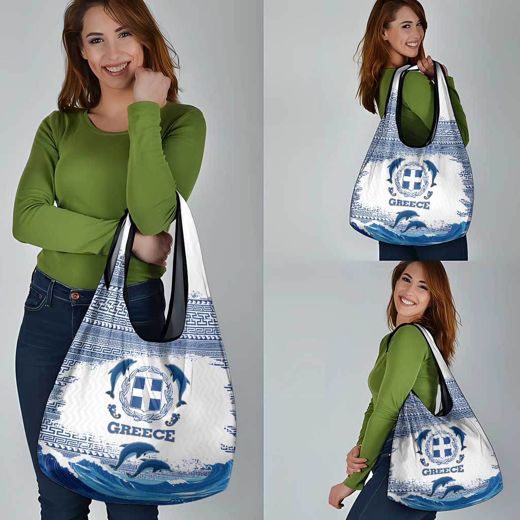 Greece Dolphin Grocery Bag with Greek Key Pattern and Ocean Wave Design