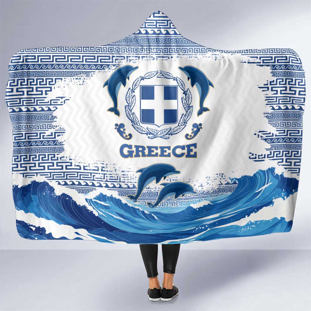 Greece Dolphin Hooded Blanket with Greek Key Pattern and Ocean Wave Design