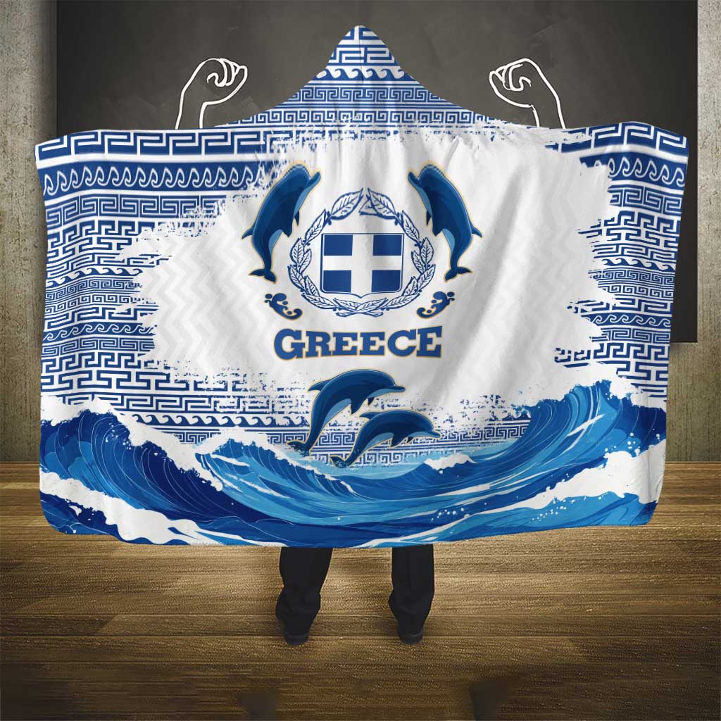 Greece Dolphin Hooded Blanket with Greek Key Pattern and Ocean Wave Design