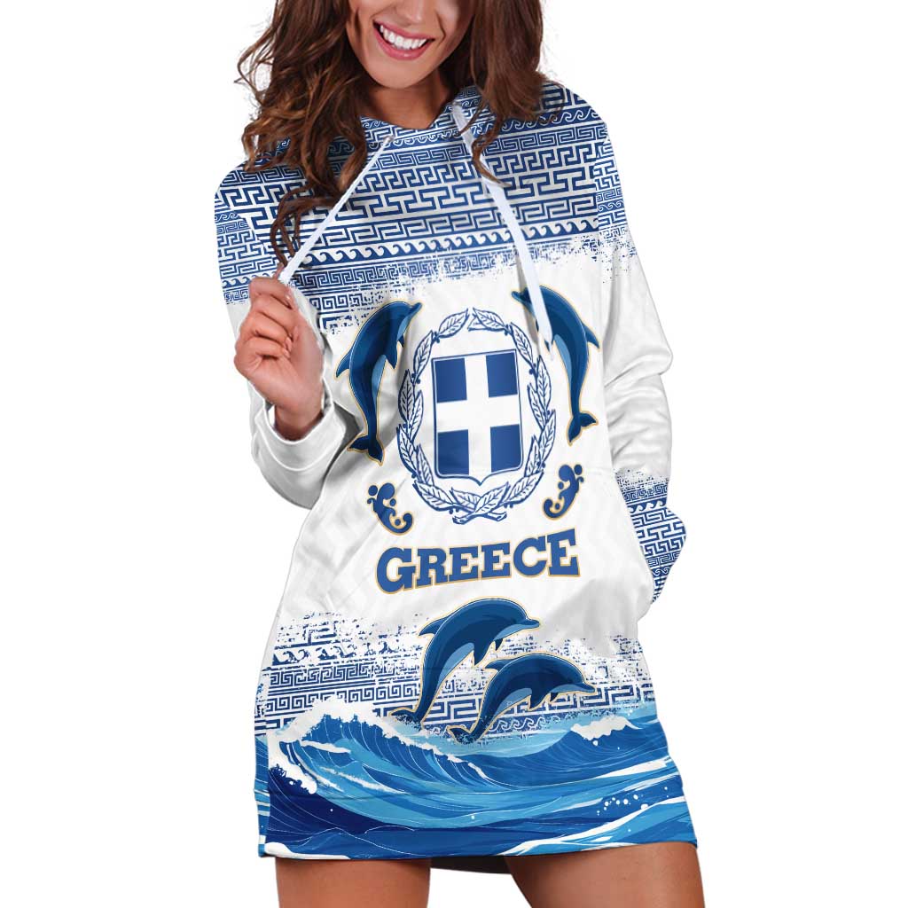 Greece Dolphin Hoodie Dress with Greek Key Pattern and Ocean Wave Design