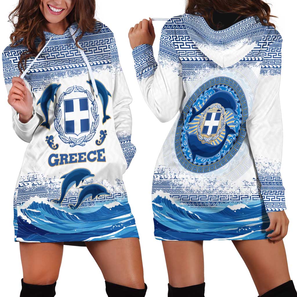 Greece Dolphin Hoodie Dress with Greek Key Pattern and Ocean Wave Design
