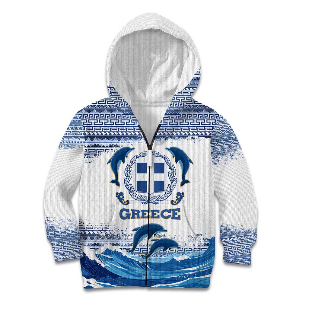 Greece Dolphin Kid Hoodie with Greek Key Pattern and Ocean Wave Design