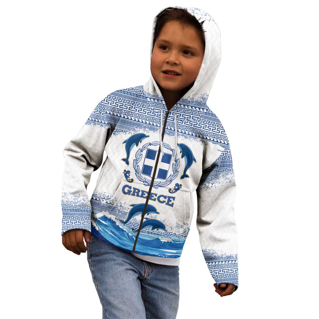 Greece Dolphin Kid Hoodie with Greek Key Pattern and Ocean Wave Design