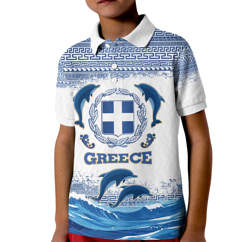 Greece Dolphin Kid Polo Shirt with Greek Key Pattern and Ocean Wave Design