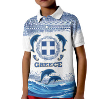 Greece Dolphin Kid Polo Shirt with Greek Key Pattern and Ocean Wave Design