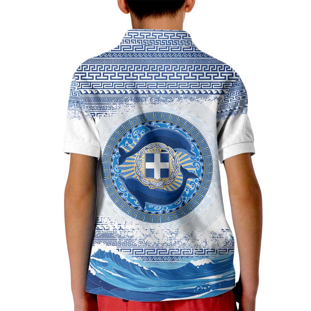 Greece Dolphin Kid Polo Shirt with Greek Key Pattern and Ocean Wave Design