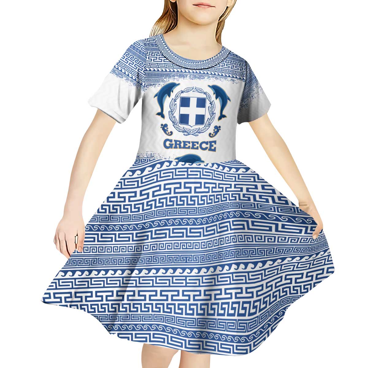 Greece Dolphin Kid Short Sleeve Dress with Greek Key Pattern and Ocean Wave Design
