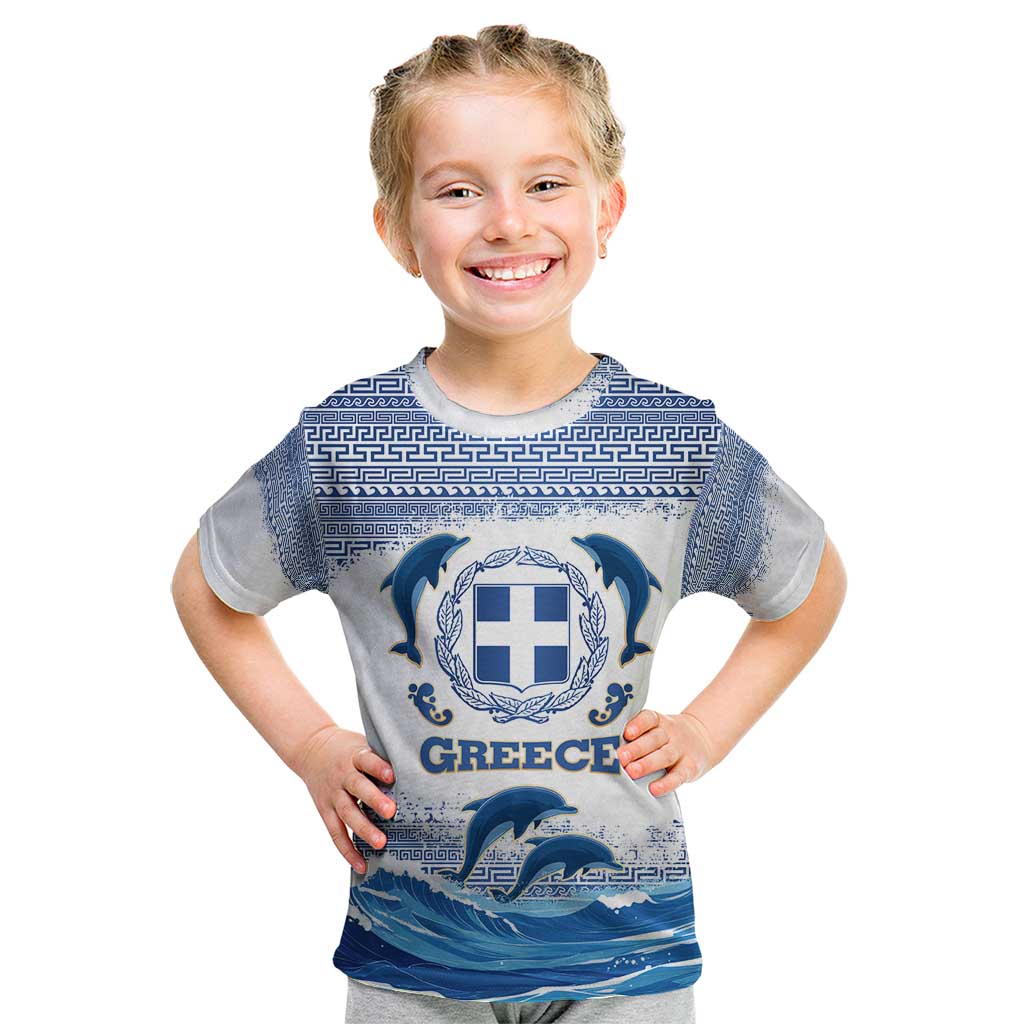 Greece Dolphin Kid T Shirt with Greek Key Pattern and Ocean Wave Design