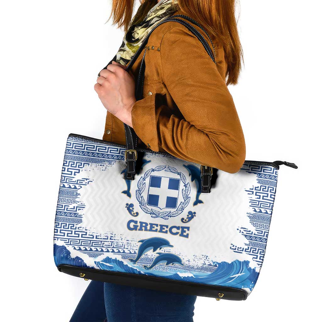 Greece Dolphin Leather Tote Bag with Greek Key Pattern and Ocean Wave Design