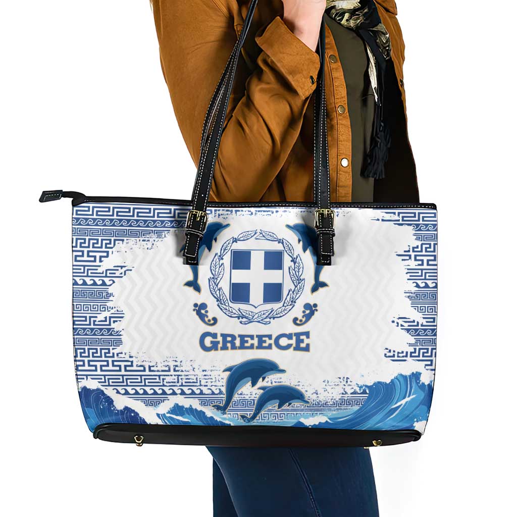 Greece Dolphin Leather Tote Bag with Greek Key Pattern and Ocean Wave Design