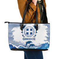 Greece Dolphin Leather Tote Bag with Greek Key Pattern and Ocean Wave Design