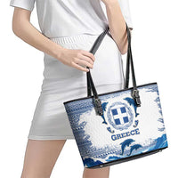 Greece Dolphin Leather Tote Bag with Greek Key Pattern and Ocean Wave Design