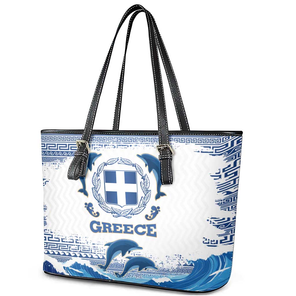 Greece Dolphin Leather Tote Bag with Greek Key Pattern and Ocean Wave Design
