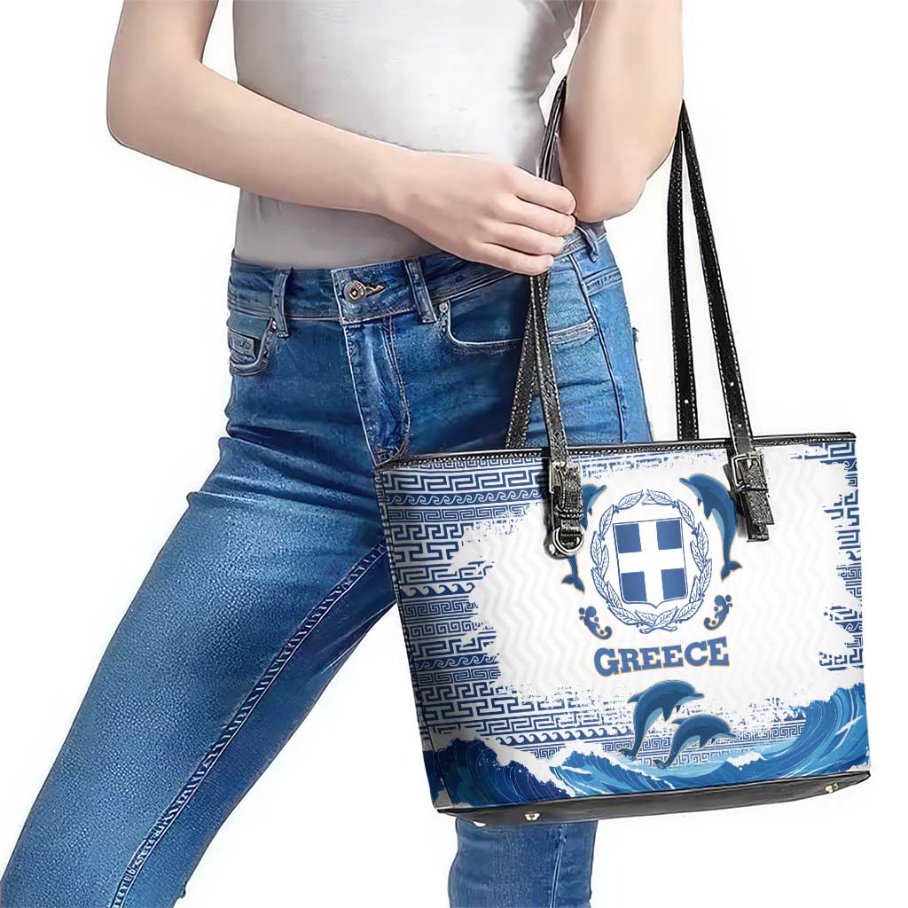 Greece Dolphin Leather Tote Bag with Greek Key Pattern and Ocean Wave Design