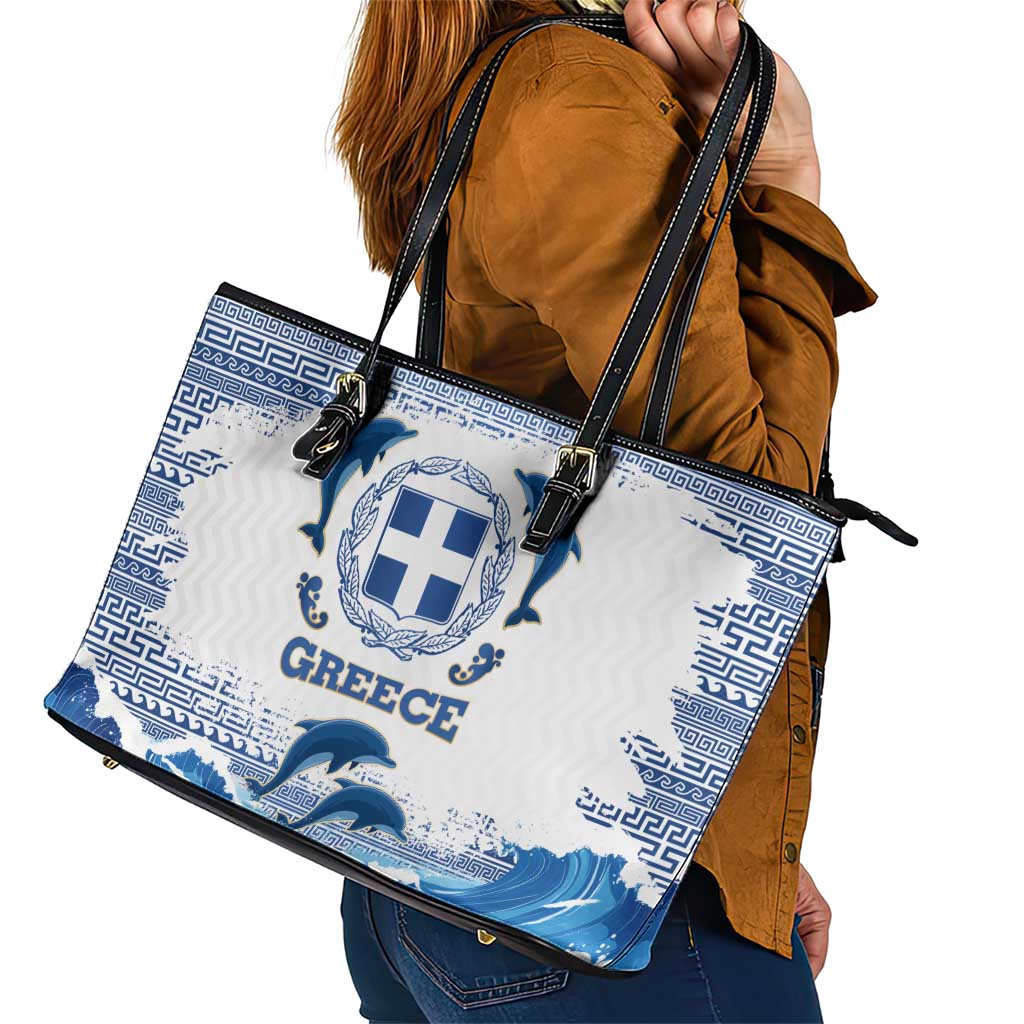 Greece Dolphin Leather Tote Bag with Greek Key Pattern and Ocean Wave Design