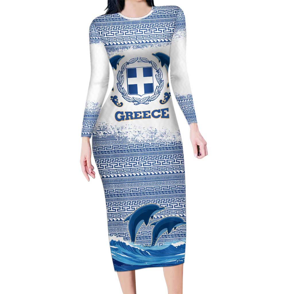 Greece Dolphin Long Sleeve Bodycon Dress with Greek Key Pattern and Ocean Wave Design