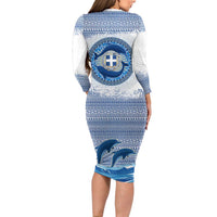 Greece Dolphin Long Sleeve Bodycon Dress with Greek Key Pattern and Ocean Wave Design