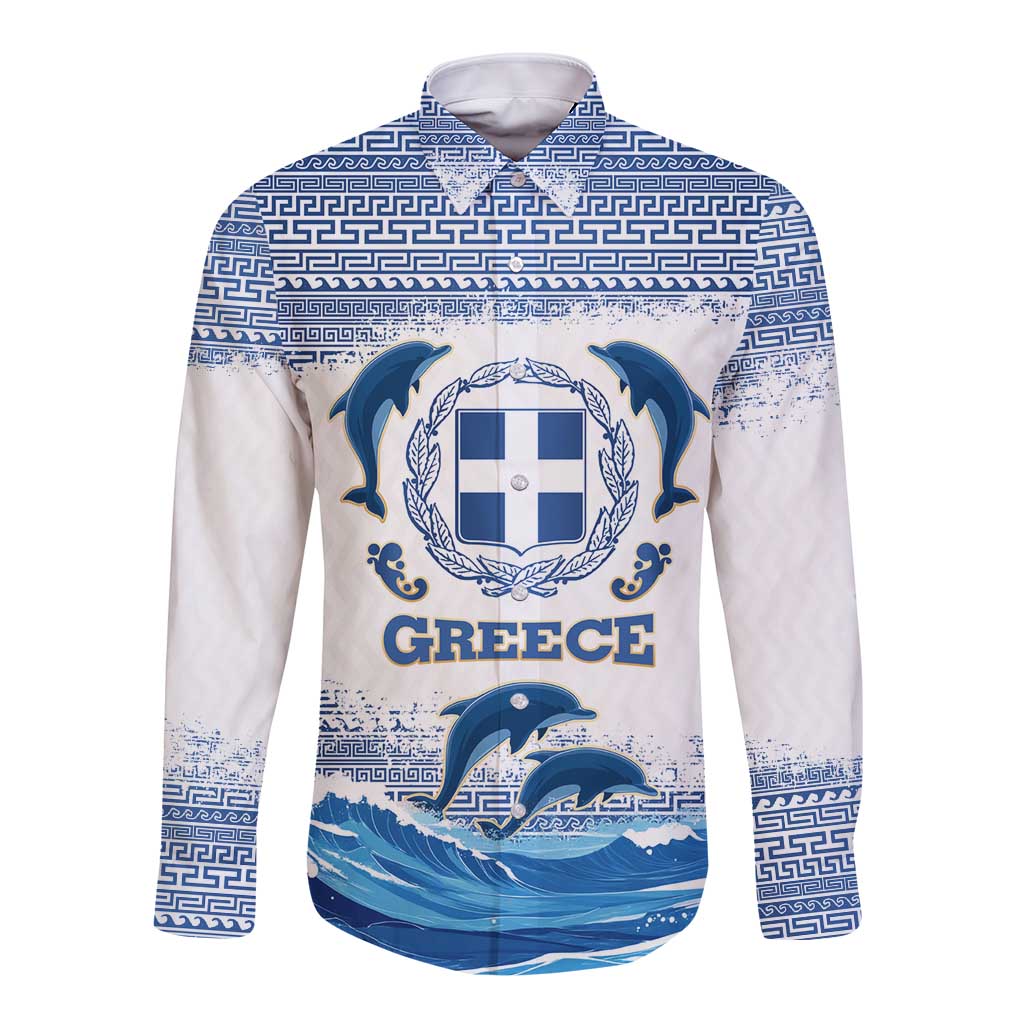 Greece Dolphin Long Sleeve Button Shirt with Greek Key Pattern and Ocean Wave Design