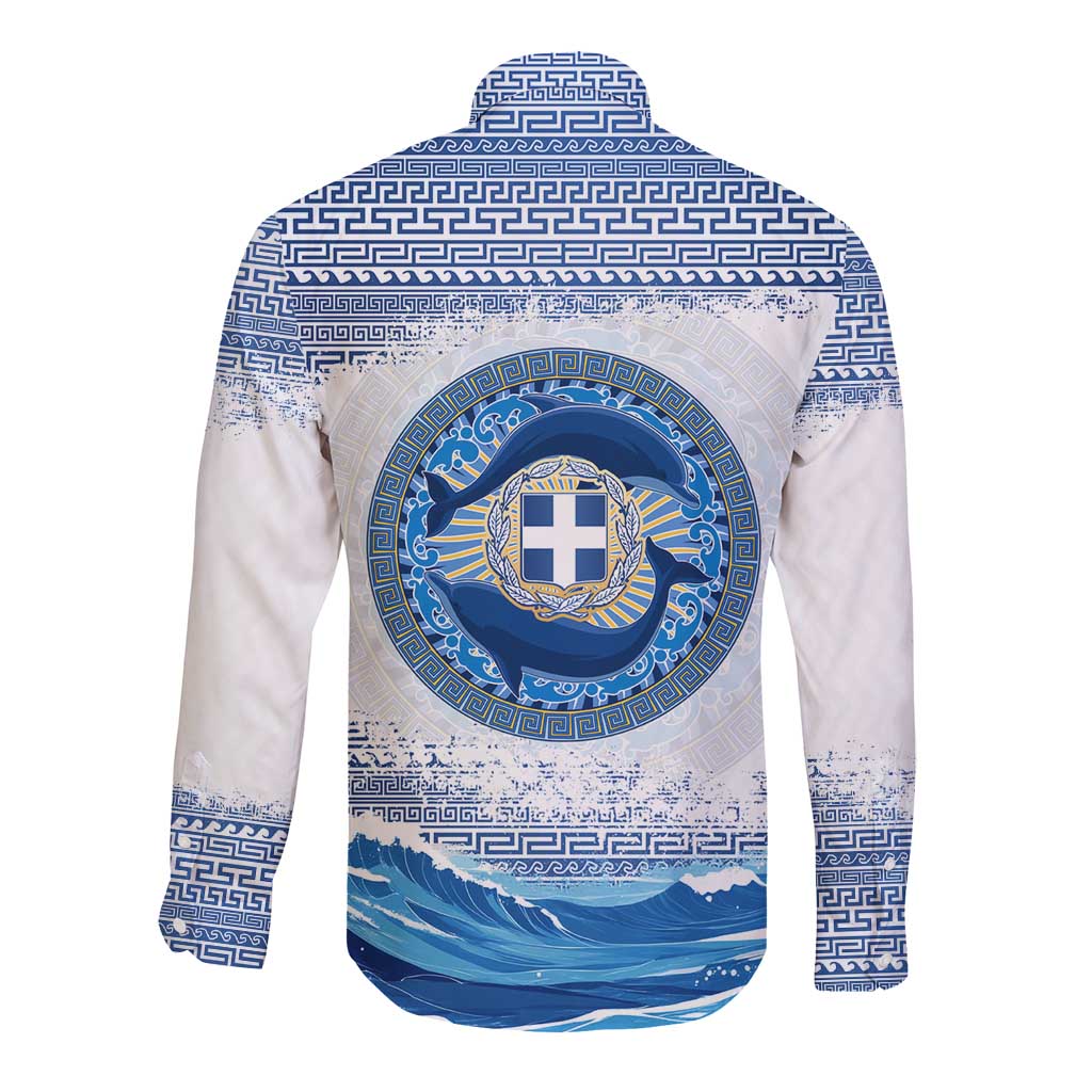 Greece Dolphin Long Sleeve Button Shirt with Greek Key Pattern and Ocean Wave Design