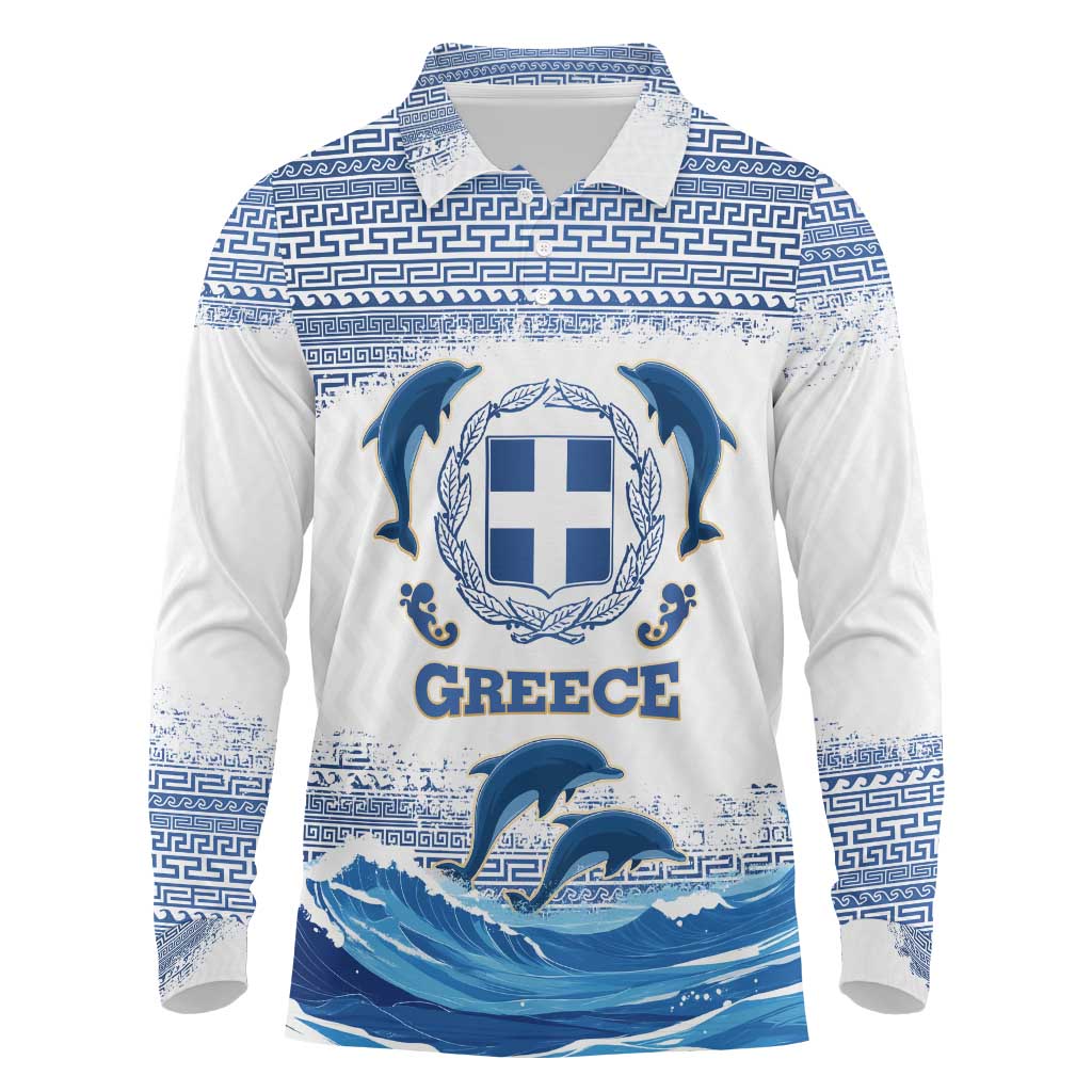 Greece Dolphin Long Sleeve Polo Shirt with Greek Key Pattern and Ocean Wave Design