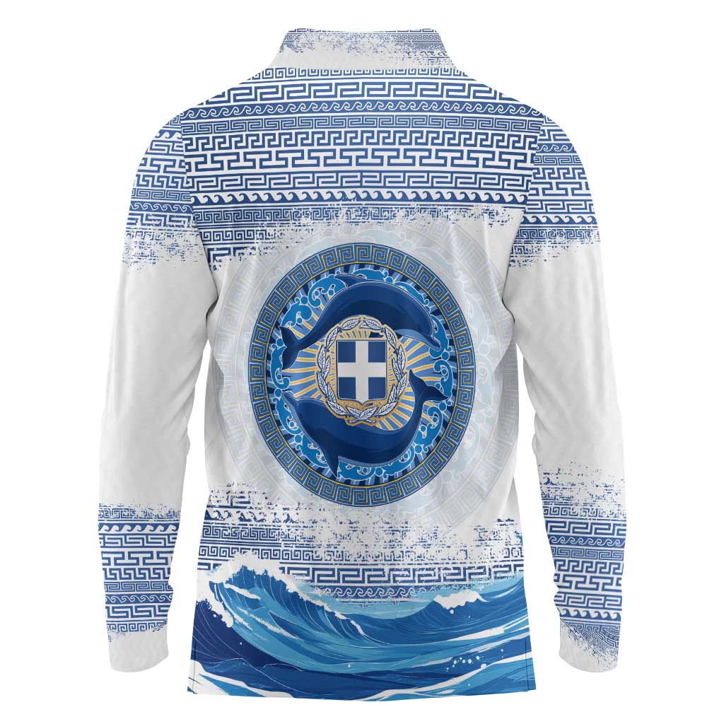 Greece Dolphin Long Sleeve Polo Shirt with Greek Key Pattern and Ocean Wave Design