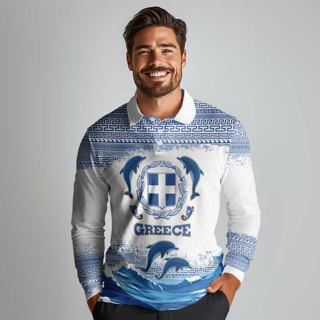 Greece Dolphin Long Sleeve Polo Shirt with Greek Key Pattern and Ocean Wave Design
