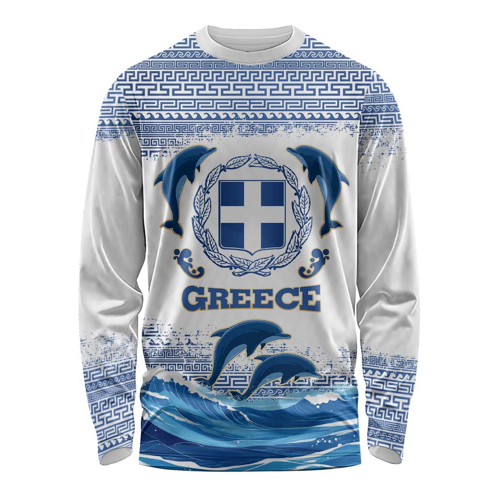 Greece Dolphin Long Sleeve Shirt with Greek Key Pattern and Ocean Wave Design