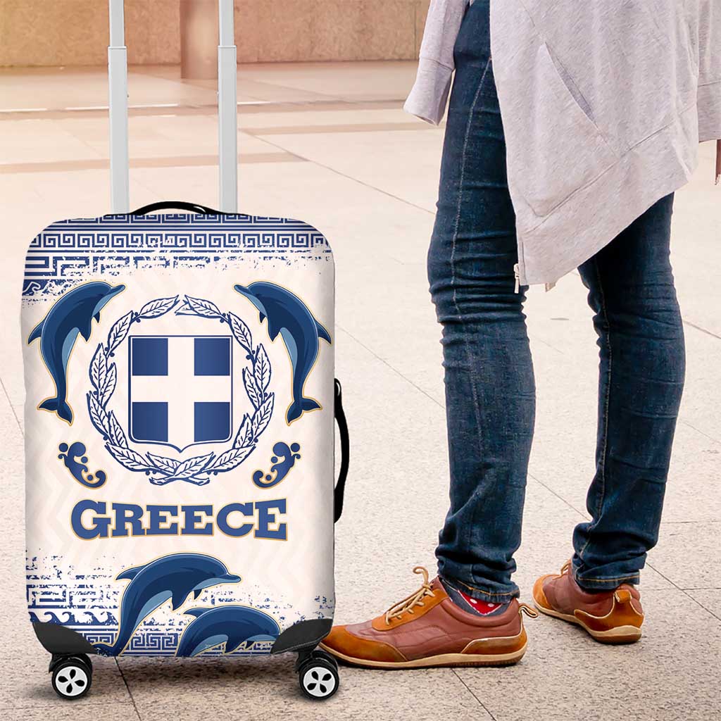 Greece Dolphin Luggage Cover with Greek Key Pattern and Ocean Wave Design
