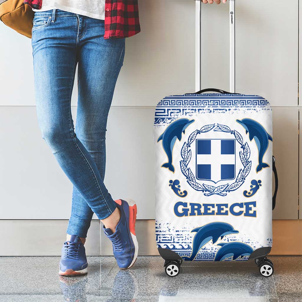 Greece Dolphin Luggage Cover with Greek Key Pattern and Ocean Wave Design