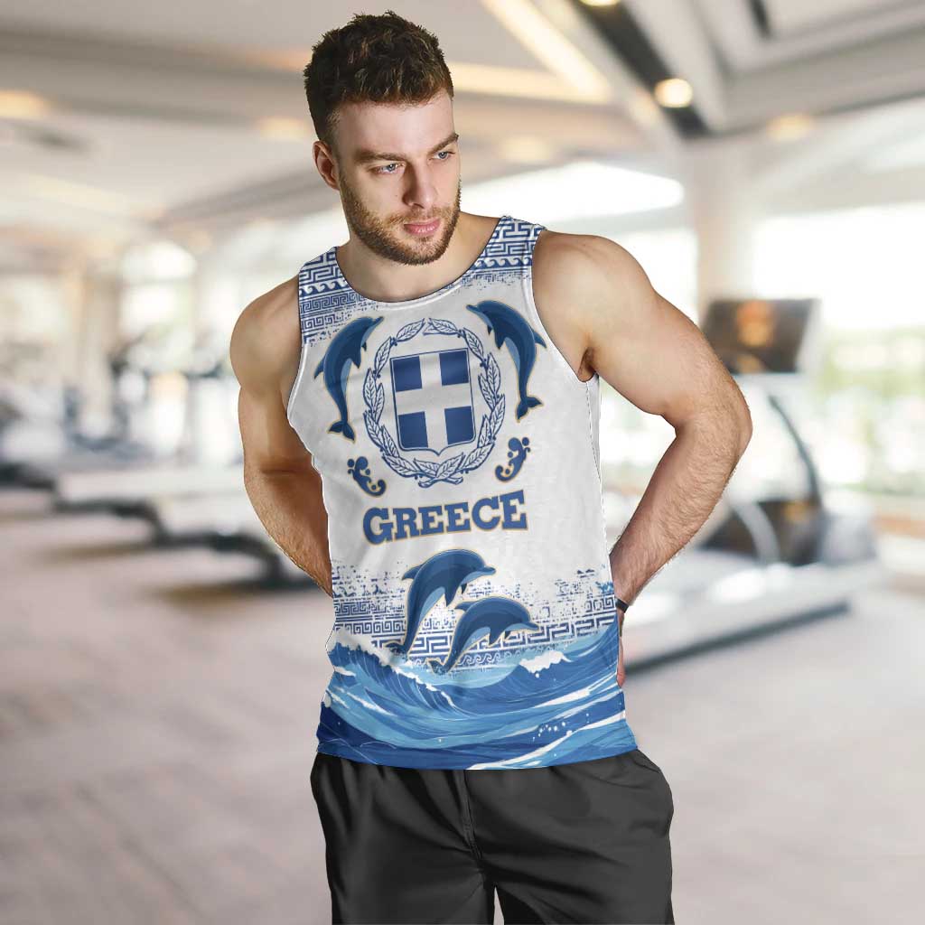Greece Dolphin Men Tank Top with Greek Key Pattern and Ocean Wave Design