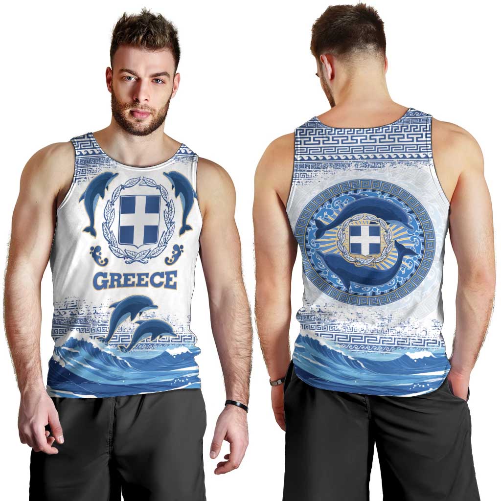 Greece Dolphin Men Tank Top with Greek Key Pattern and Ocean Wave Design