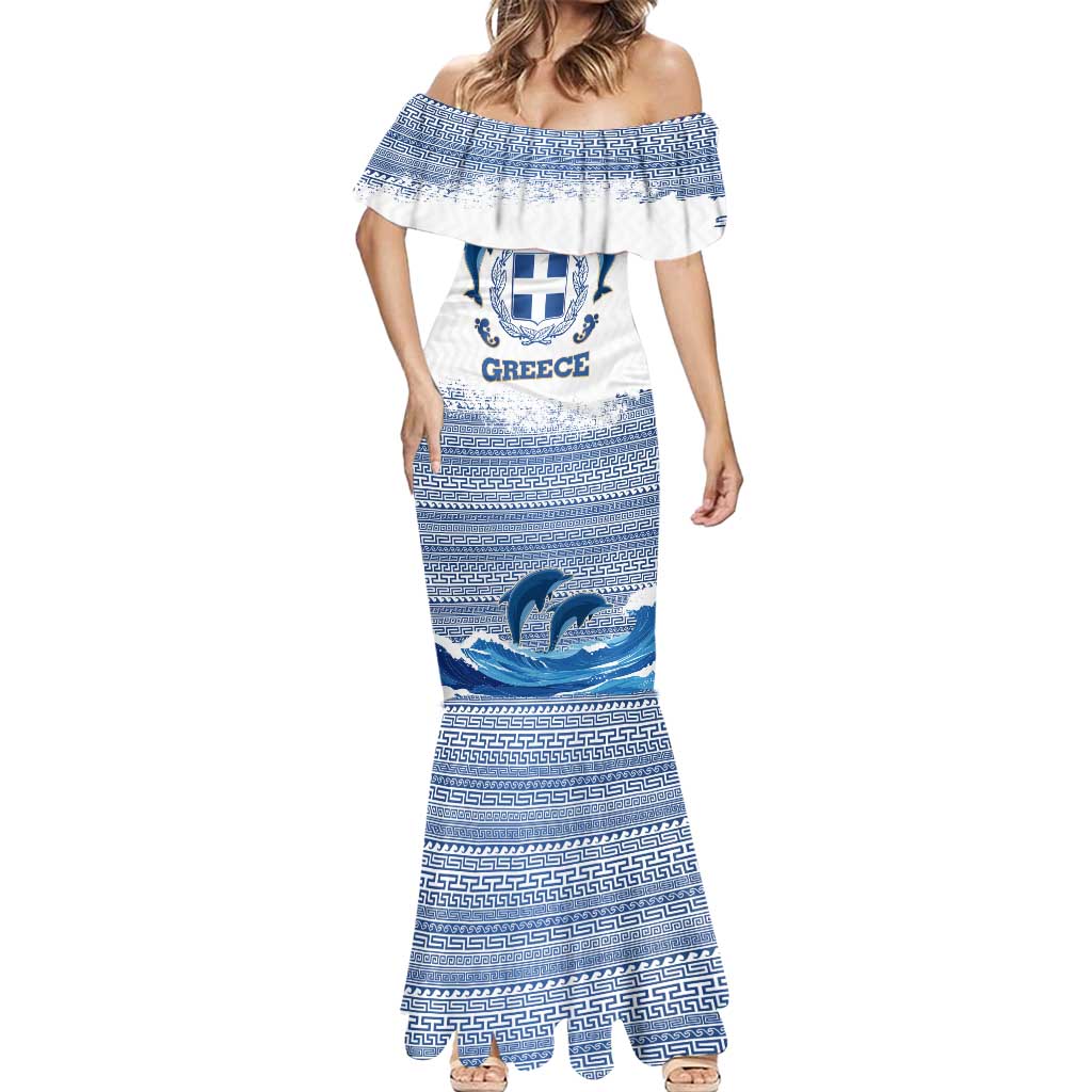 Greece Dolphin Mermaid Dress with Greek Key Pattern and Ocean Wave Design