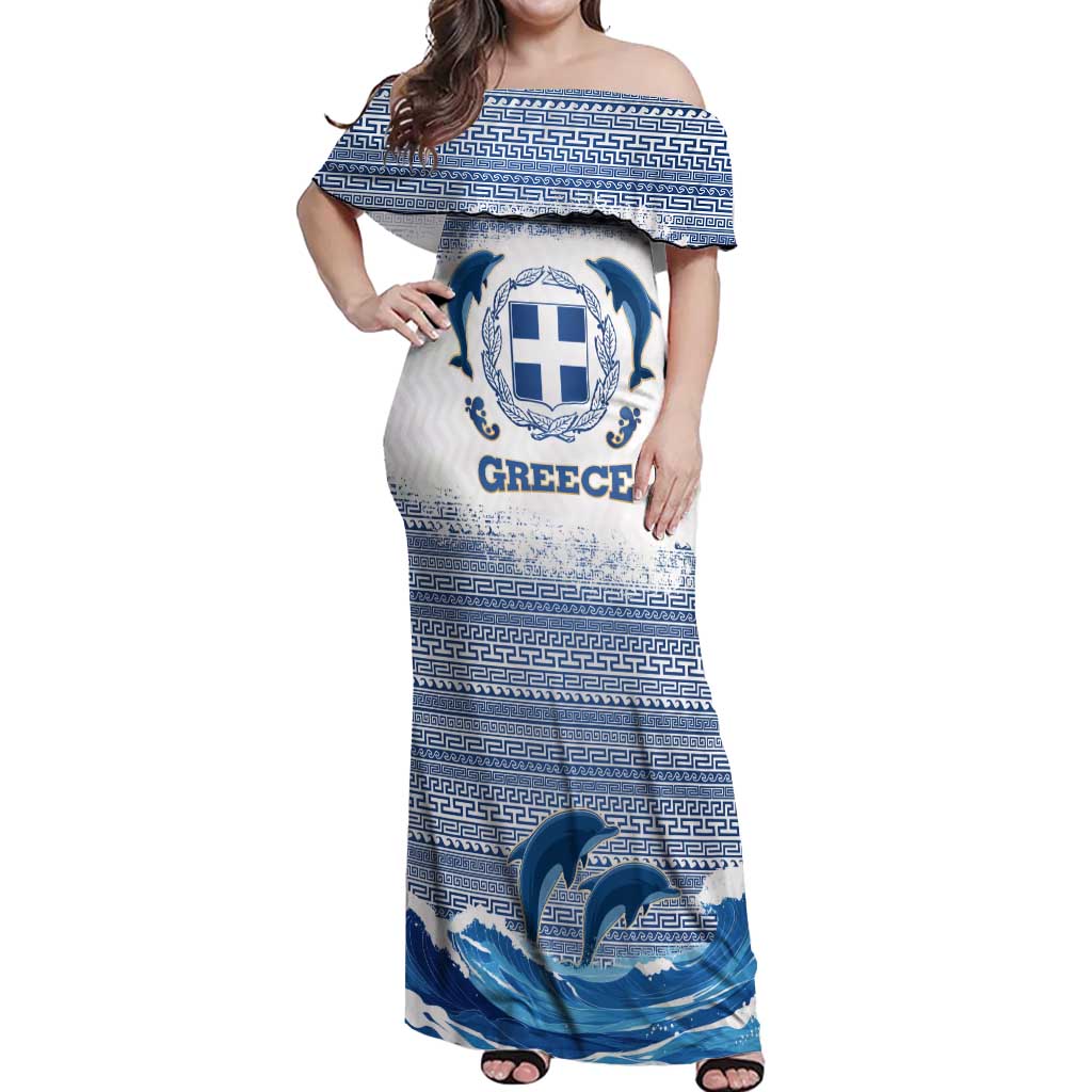 Greece Dolphin Off Shoulder Maxi Dress with Greek Key Pattern and Ocean Wave Design