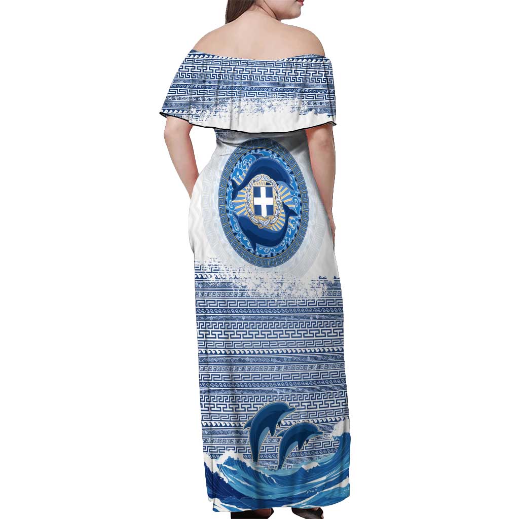 Greece Dolphin Off Shoulder Maxi Dress with Greek Key Pattern and Ocean Wave Design