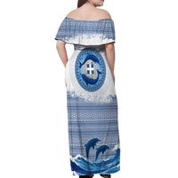Greece Dolphin Off Shoulder Maxi Dress with Greek Key Pattern and Ocean Wave Design