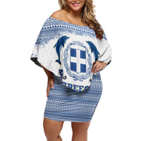 Greece Dolphin Off Shoulder Short Dress with Greek Key Pattern and Ocean Wave Design