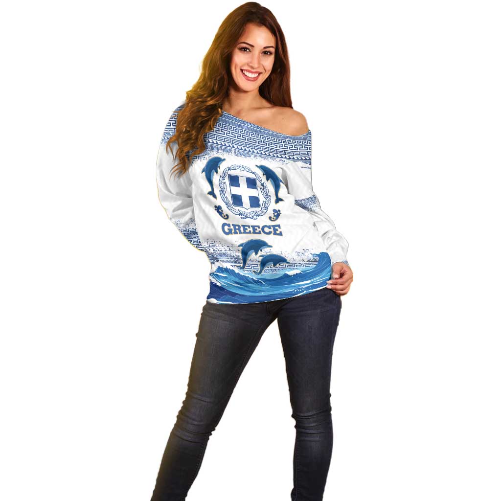 Greece Dolphin Off Shoulder Sweater with Greek Key Pattern and Ocean Wave Design