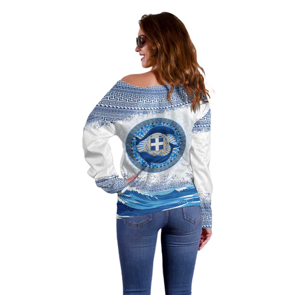 Greece Dolphin Off Shoulder Sweater with Greek Key Pattern and Ocean Wave Design
