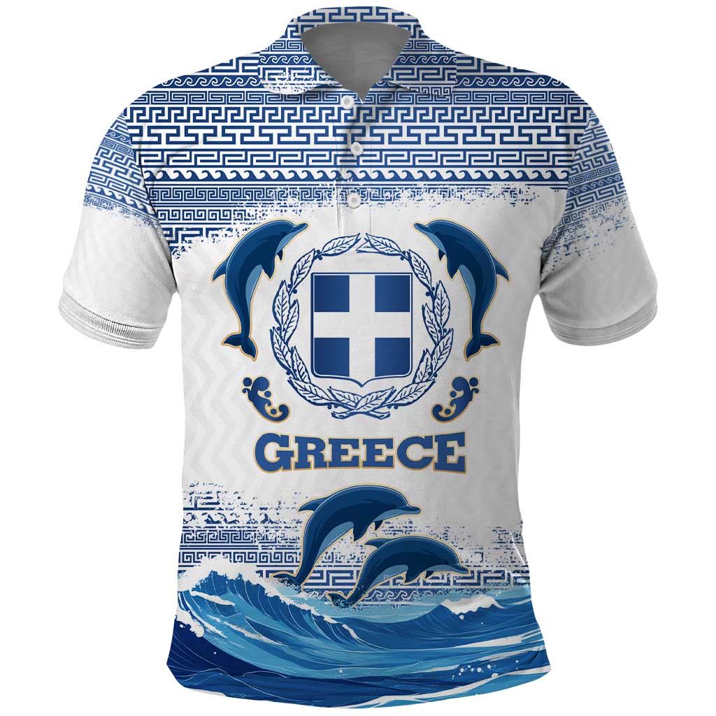 Greece Dolphin Polo Shirt with Greek Key Pattern and Ocean Wave Design