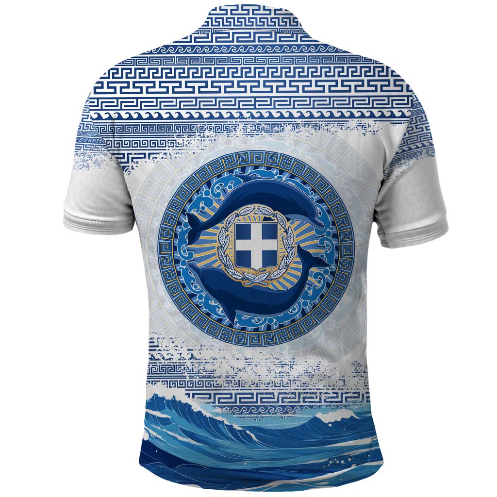 Greece Dolphin Polo Shirt with Greek Key Pattern and Ocean Wave Design