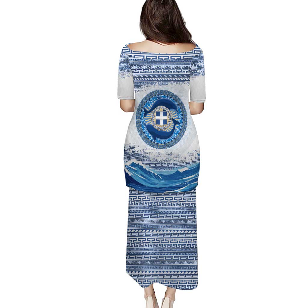 Greece Dolphin Puletasi with Greek Key Pattern and Ocean Wave Design