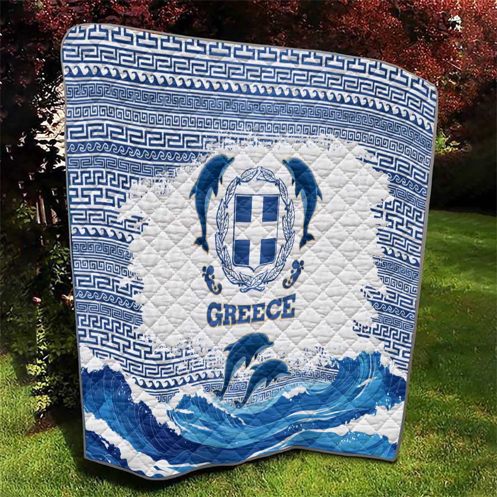 Greece Dolphin Quilt with Greek Key Pattern and Ocean Wave Design