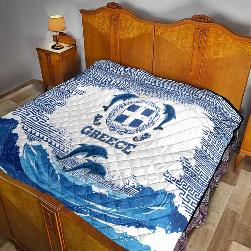 Greece Dolphin Quilt with Greek Key Pattern and Ocean Wave Design