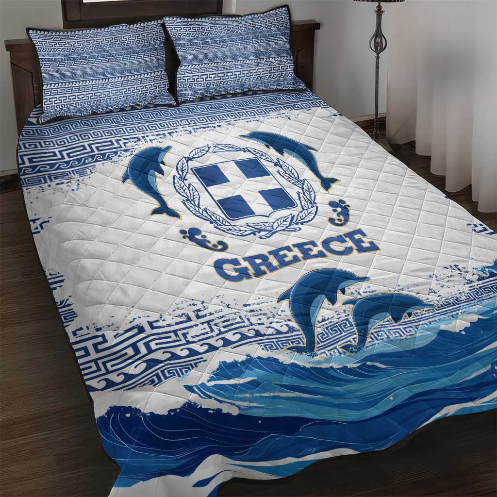 Greece Dolphin Quilt Bed Set with Greek Key Pattern and Ocean Wave Design