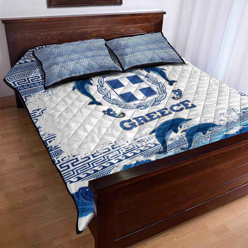 Greece Dolphin Quilt Bed Set with Greek Key Pattern and Ocean Wave Design