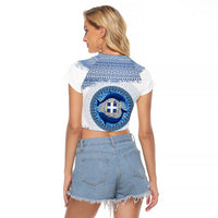 Greece Dolphin Raglan Cropped T Shirt with Greek Key Pattern and Ocean Wave Design