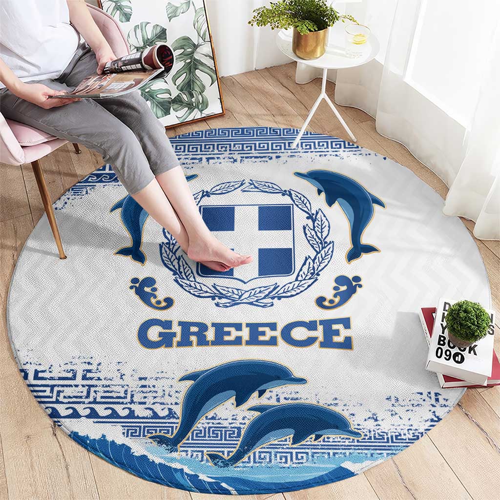 Greece Dolphin Round Carpet with Greek Key Pattern and Ocean Wave Design